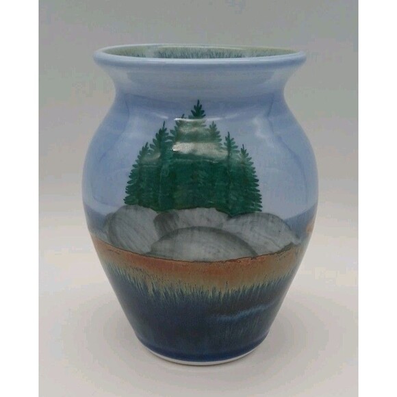 SRP Studio Pottery Vase Signed Blue Island Rocks Pine Trees - Picture 1 of 7